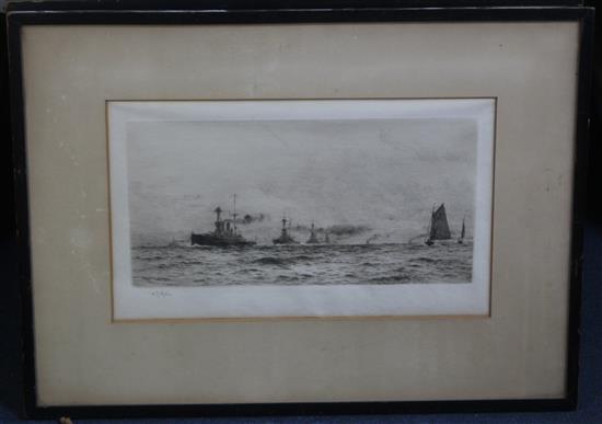 William Lionel Wyllie (1851-1931) Yachts off the Isle of Wight and Warships at sea, overall 9 x 15in.